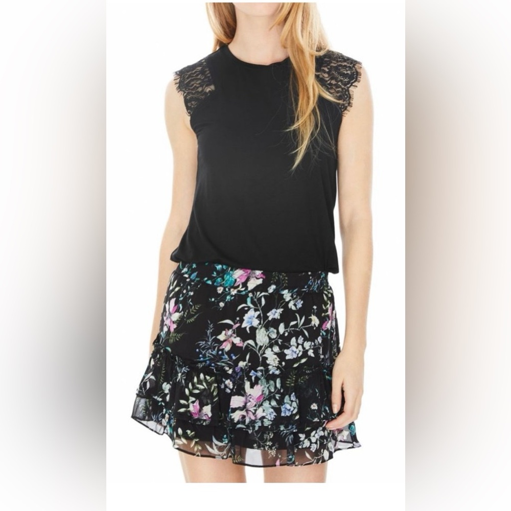 Generation Love Floral Silk Chiffon Mini Skirt overlay Tiered in Black Size M